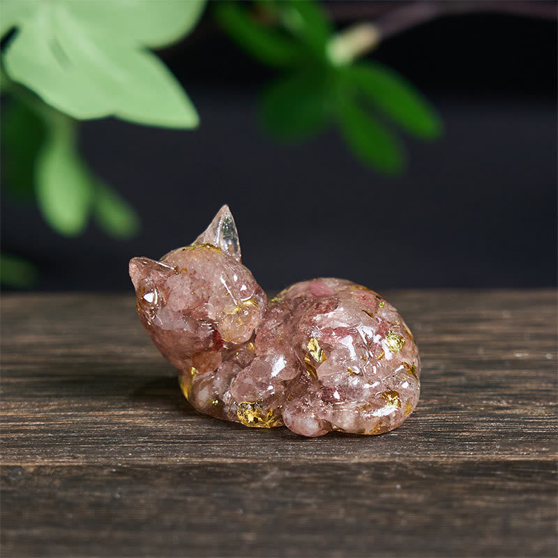 Kryształowe Buddha Stones z żywicy epoksydowej, mały kot, pozytywna dekoracja  - Kwarc truskawkowy (32*43*53mm) - image 10