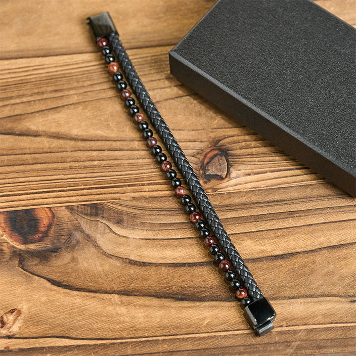 Bransoletka ochronna ze skóry z Buddha Stones , czarnego onyksu i tygrysiego oka, ze stali tytanowej - image 4