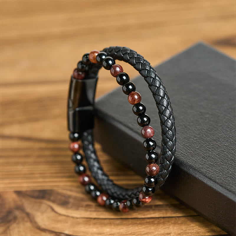 Bransoletka ochronna ze skóry z Buddha Stones , czarnego onyksu i tygrysiego oka, ze stali tytanowej - image 3