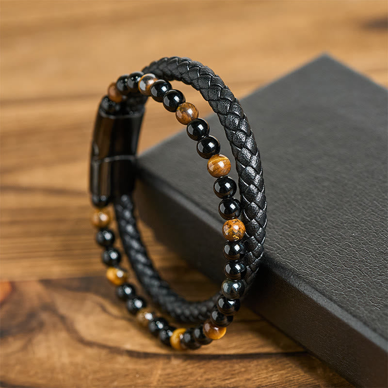 Bransoletka ochronna ze skóry z Buddha Stones , czarnego onyksu i tygrysiego oka, ze stali tytanowej - image 12