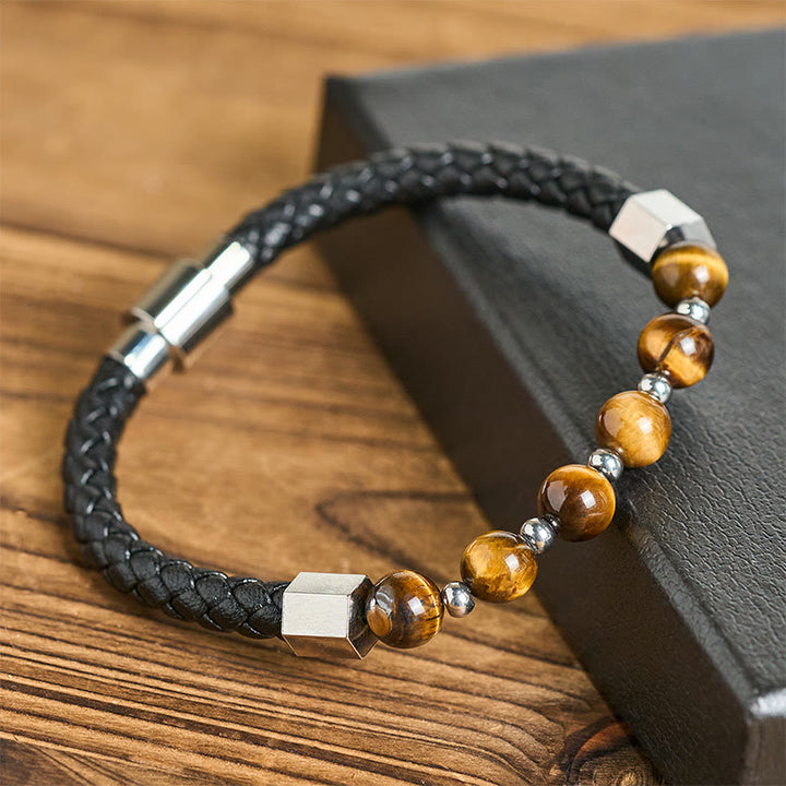 Bransoletka skórzana z Buddha Stones, tygrysim okiem i stalą tytanową, odwagą i równowagą - Tygrysie oko (obwód nadgarstka: 18-19 cm) - image 0