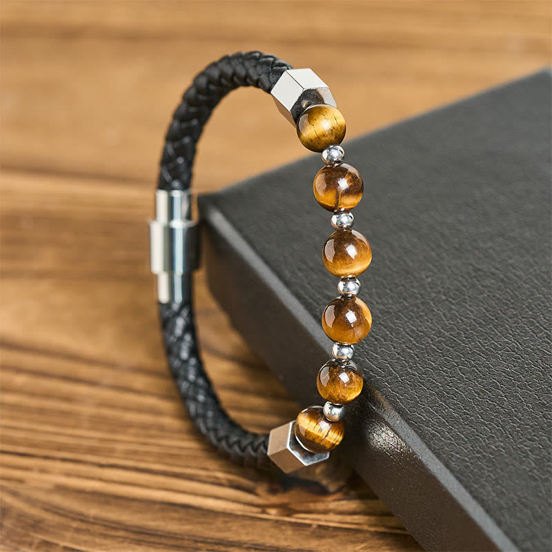 Bransoletka skórzana z Buddha Stones, tygrysim okiem i stalą tytanową, odwagą i równowagą - image 1