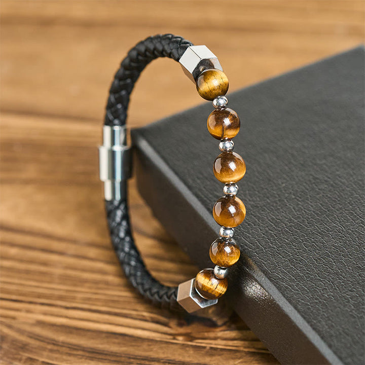 Bransoletka skórzana z Buddha Stones, tygrysim okiem i stalą tytanową, odwagą i równowagą - image 1