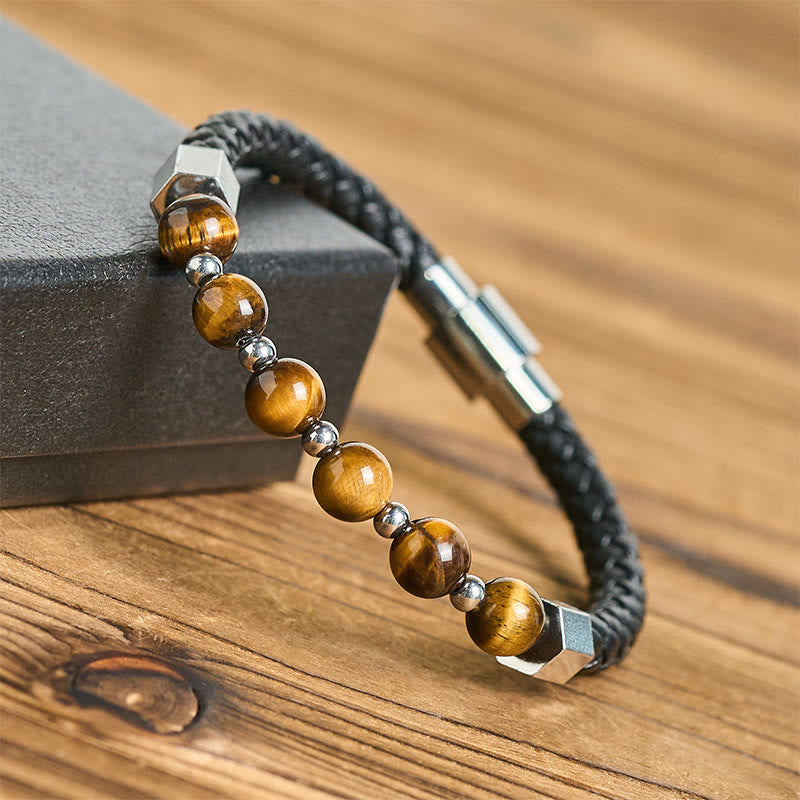 Bransoletka skórzana z Buddha Stones, tygrysim okiem i stalą tytanową, odwagą i równowagą - image 3