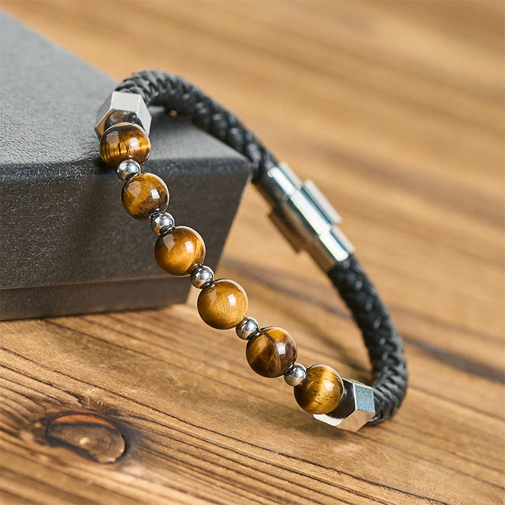 Bransoletka skórzana z Buddha Stones, tygrysim okiem i stalą tytanową, odwagą i równowagą - image 3