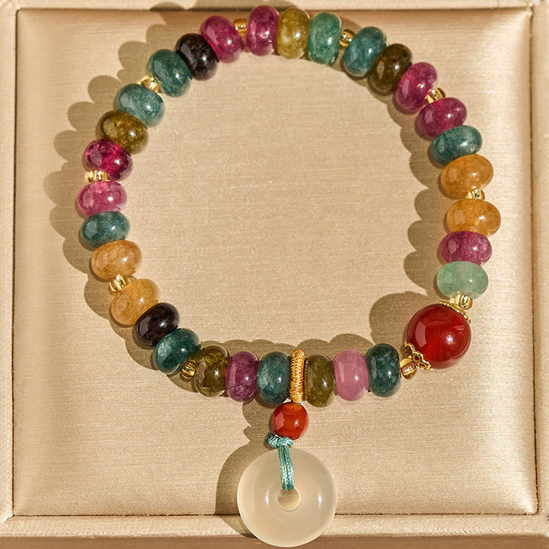 Buddha Stones Bransoletka z turmalinem i chalcedonem z zapięciem w kształcie symbolu pokoju i miłości. - image 3