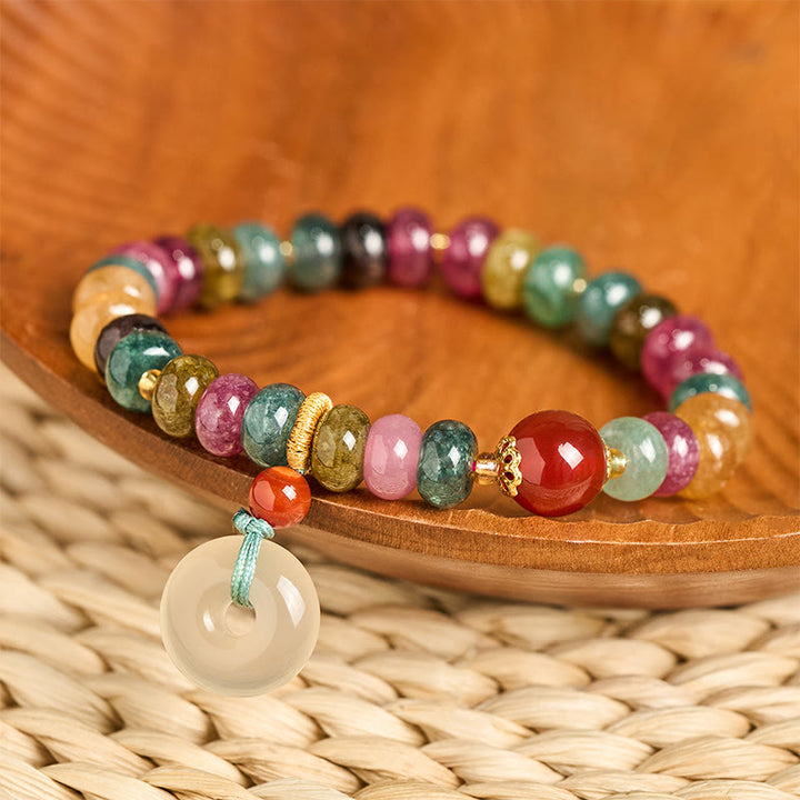 Buddha Stones Bransoletka z turmalinem i chalcedonem z zapięciem w kształcie symbolu pokoju i miłości. - Turmalin (obwód nadgarstka: 14-16 cm) - image 0