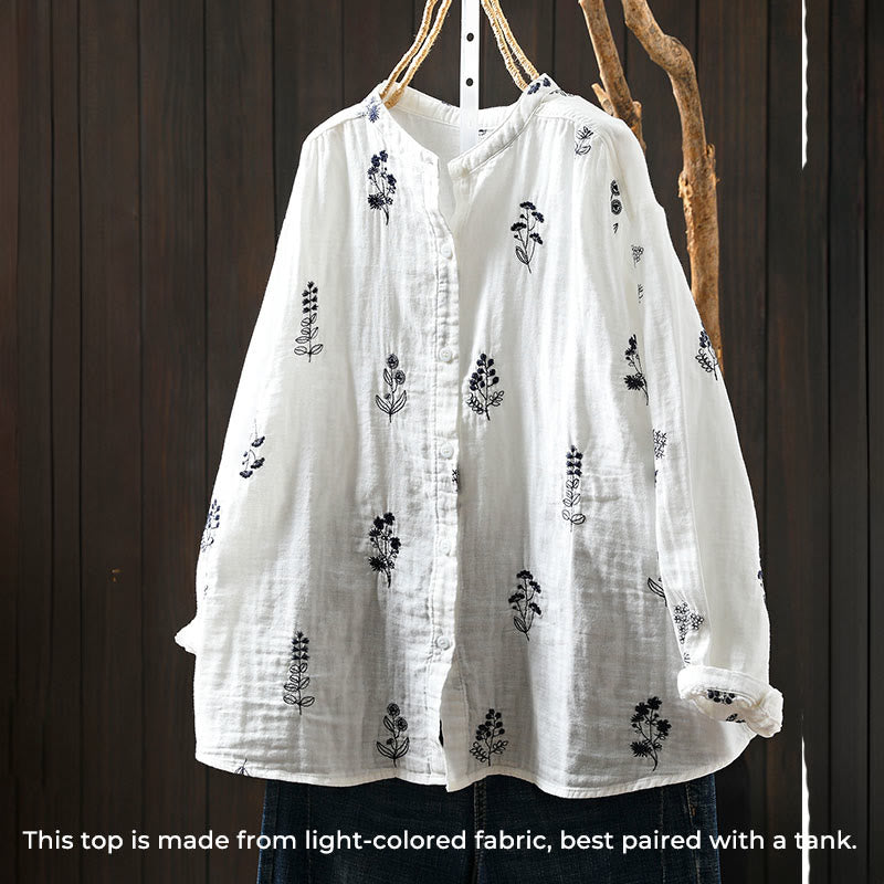 Koszula damska bawełniana z długim rękawem i haftowanymi guzikami w kwiaty z Buddha Stones - image 4