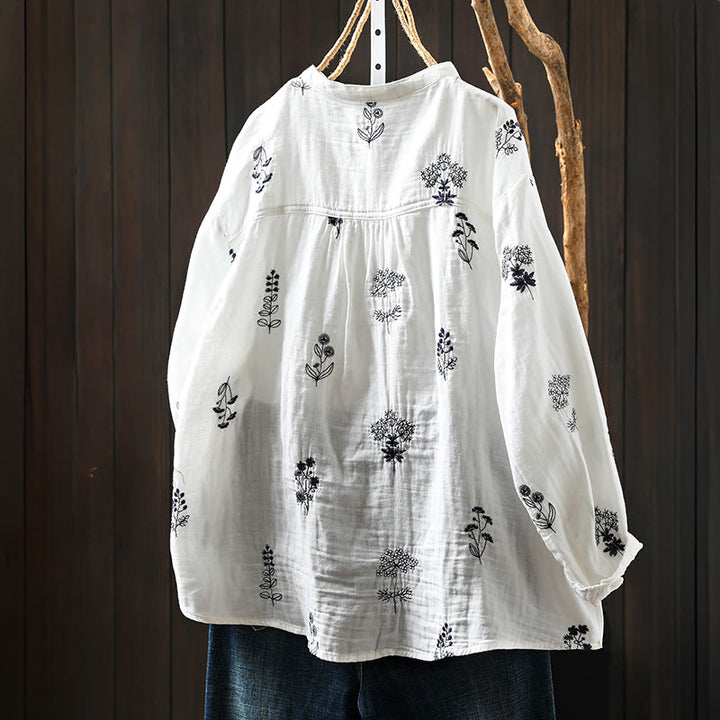 Koszula damska bawełniana z długim rękawem i haftowanymi guzikami w kwiaty z Buddha Stones - image 1