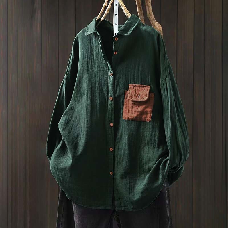 Koszula damska bawełniana z długim rękawem i kontrastowymi kieszeniami w kontrastowych kolorach z Buddha Stones - MediumSeaGreen - US4-8/10, UK/AU8-12/14, EU36-40/42 (F) - image 0