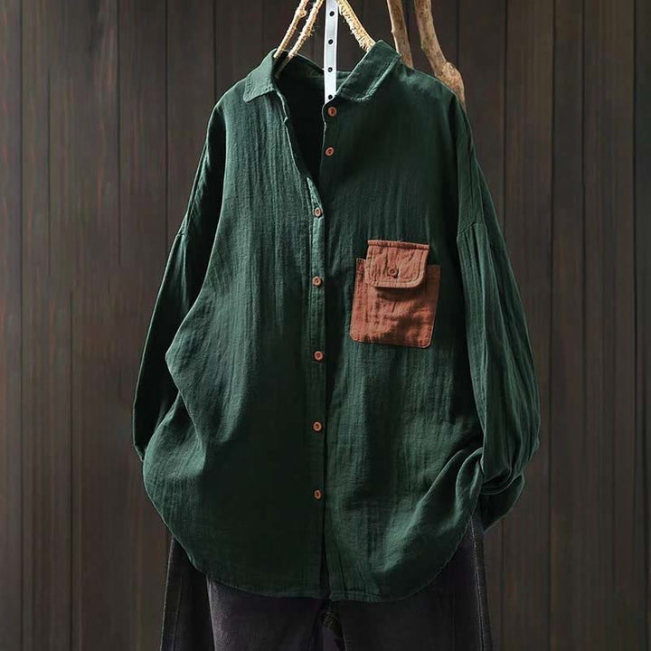 Koszula damska bawełniana z długim rękawem i kontrastowymi kieszeniami w kontrastowych kolorach z Buddha Stones - MediumSeaGreen - US4-8/10, UK/AU8-12/14, EU36-40/42 (F) - image 0