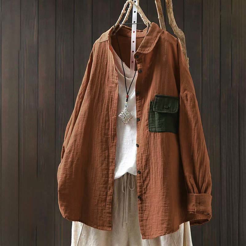 Koszula damska bawełniana z długim rękawem i kontrastowymi kieszeniami w kontrastowych kolorach z Buddha Stones - Pomarańczowy - US4-8/10, UK/AU8-12/14, EU36-40/42 (F) - image 14