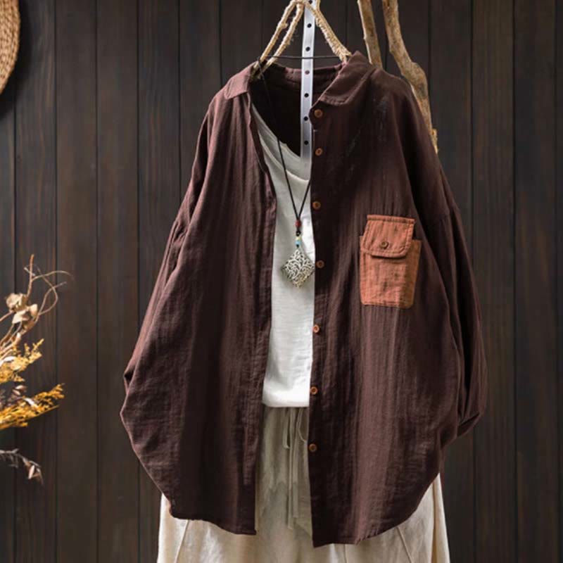 Koszula damska bawełniana z długim rękawem i kontrastowymi kieszeniami w kontrastowych kolorach z Buddha Stones - SaddleBrown - US4-8/10, UK/AU8-12/14, EU36-40/42 (F) - image 20