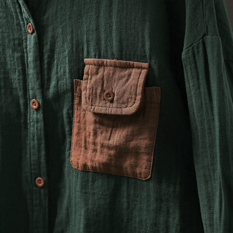 Koszula damska bawełniana z długim rękawem i kontrastowymi kieszeniami w kontrastowych kolorach z Buddha Stones - image 6