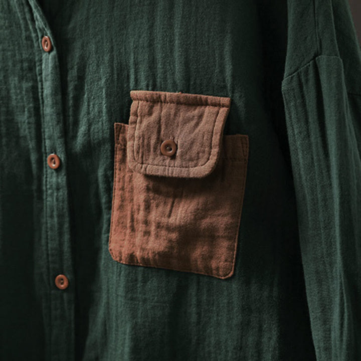 Koszula damska bawełniana z długim rękawem i kontrastowymi kieszeniami w kontrastowych kolorach z Buddha Stones - image 6