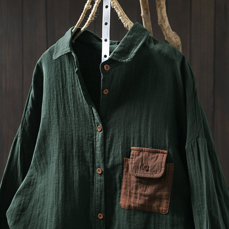 Koszula damska bawełniana z długim rękawem i kontrastowymi kieszeniami w kontrastowych kolorach z Buddha Stones - image 2