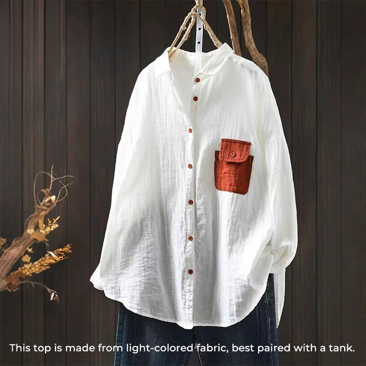 Koszula damska bawełniana z długim rękawem i kontrastowymi kieszeniami w kontrastowych kolorach z Buddha Stones - image 12