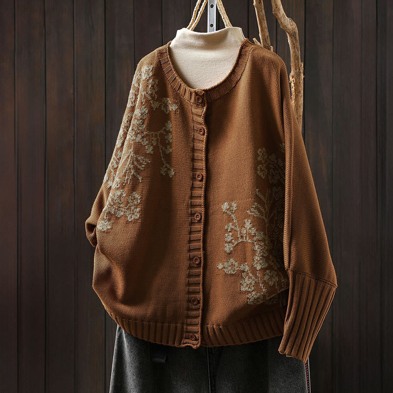 Kardigan damski z dzianiny z długim rękawem typu nietoperz, z kwiatowymi guzikami w kształcie Buddha Stones - Peru - US4-6, UK/AU8-10, EU36-38 (F) - image 2