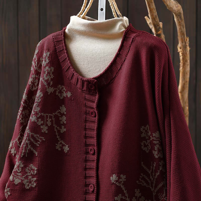 Kardigan damski z dzianiny z długim rękawem typu nietoperz, z kwiatowymi guzikami w kształcie Buddha Stones - image 1