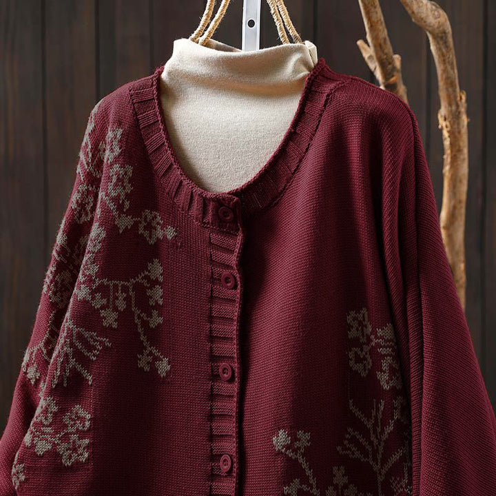 Kardigan damski z dzianiny z długim rękawem typu nietoperz, z kwiatowymi guzikami w kształcie Buddha Stones - image 1