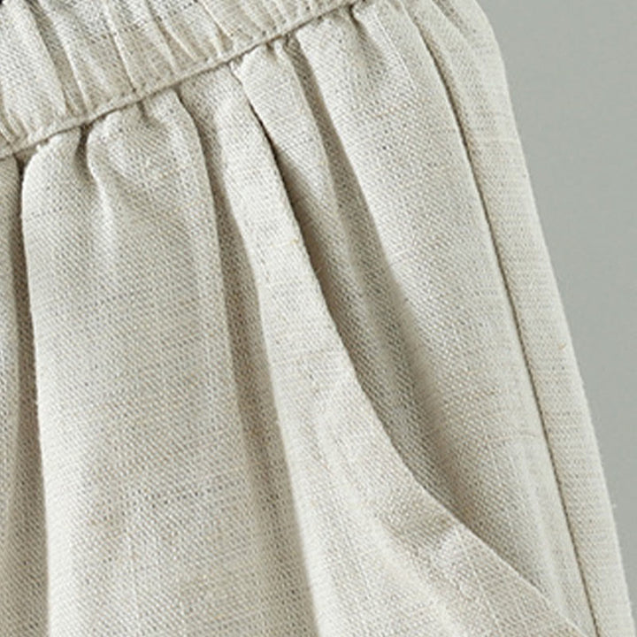 Damskie spodnie z szerokimi nogawkami i kieszeniami, kontrastowe, bawełniane i lniane, z motywem Buddha Stones - image 12