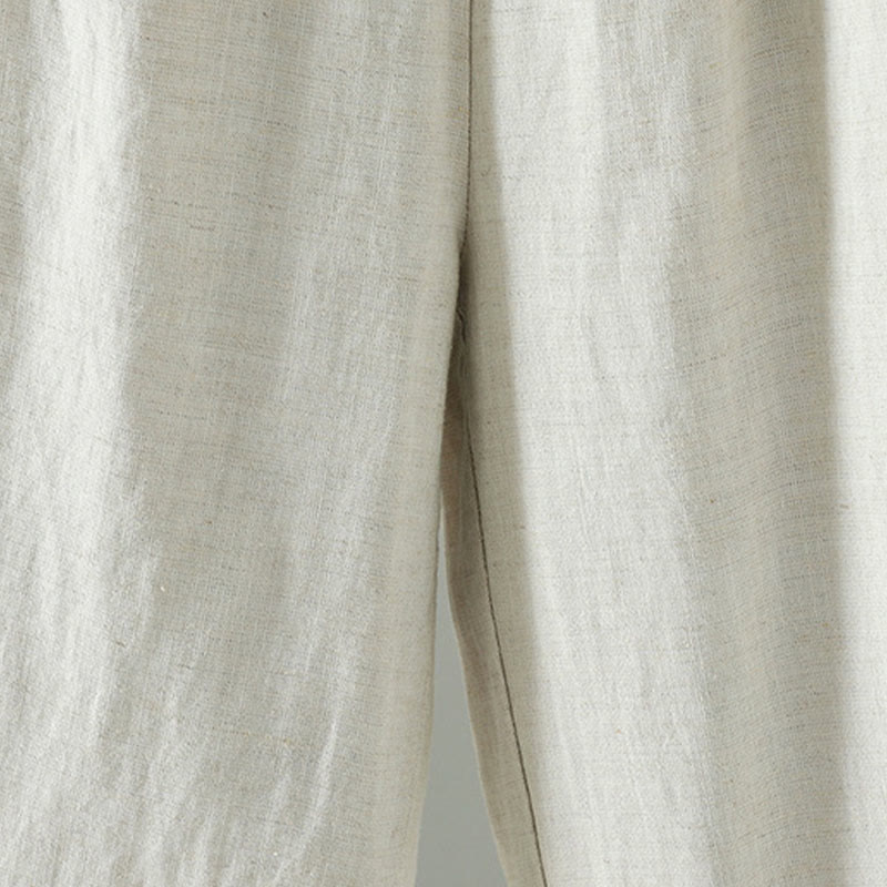 Damskie spodnie z szerokimi nogawkami i kieszeniami, kontrastowe, bawełniane i lniane, z motywem Buddha Stones - image 14