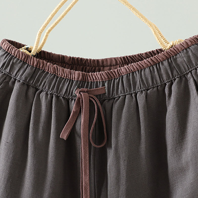 Damskie spodnie z szerokimi nogawkami i kieszeniami, kontrastowe, bawełniane i lniane, z motywem Buddha Stones - image 18