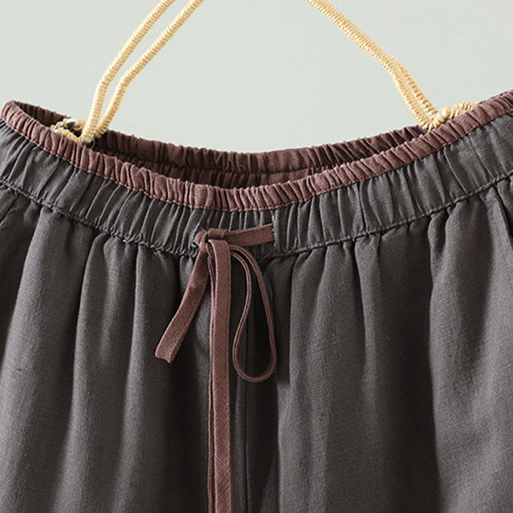 Damskie spodnie z szerokimi nogawkami i kieszeniami, kontrastowe, bawełniane i lniane, z motywem Buddha Stones - image 18