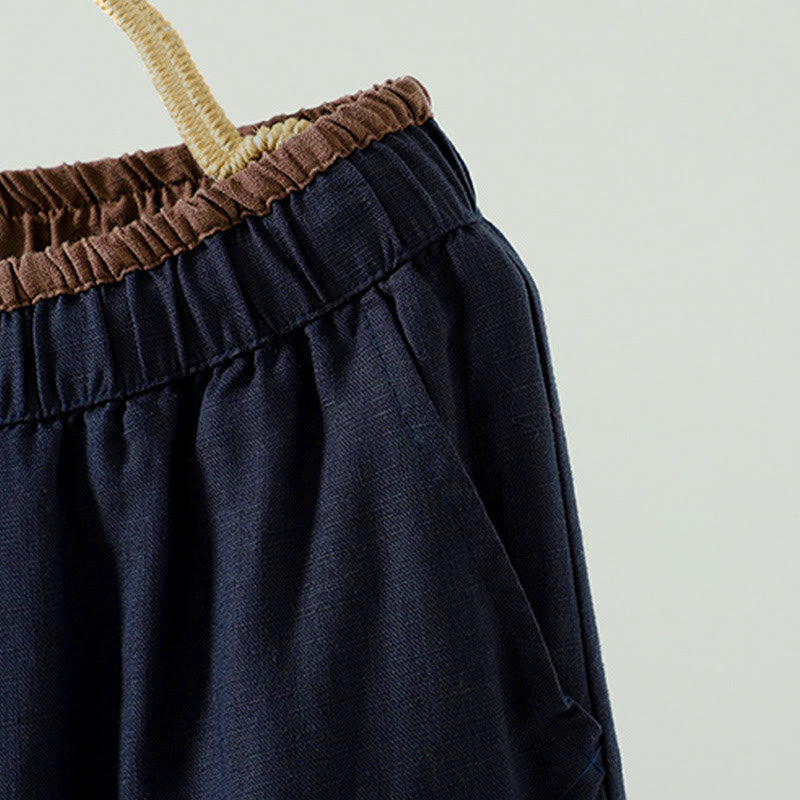 Damskie spodnie z szerokimi nogawkami i kieszeniami, kontrastowe, bawełniane i lniane, z motywem Buddha Stones - image 3