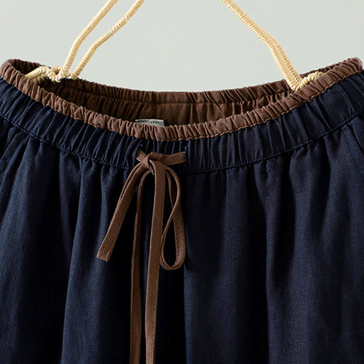 Damskie spodnie z szerokimi nogawkami i kieszeniami, kontrastowe, bawełniane i lniane, z motywem Buddha Stones - image 2