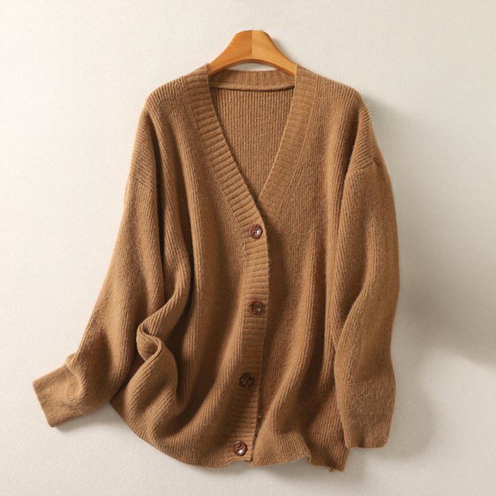 Kardigan z dzianiny damskiej z długim rękawem i dekoltem w serek z motywem Buddha Stones, z bawełny i guzikami - SandyBrown - US4-6, UK/AU8-10, EU36-38 (F) - image 3