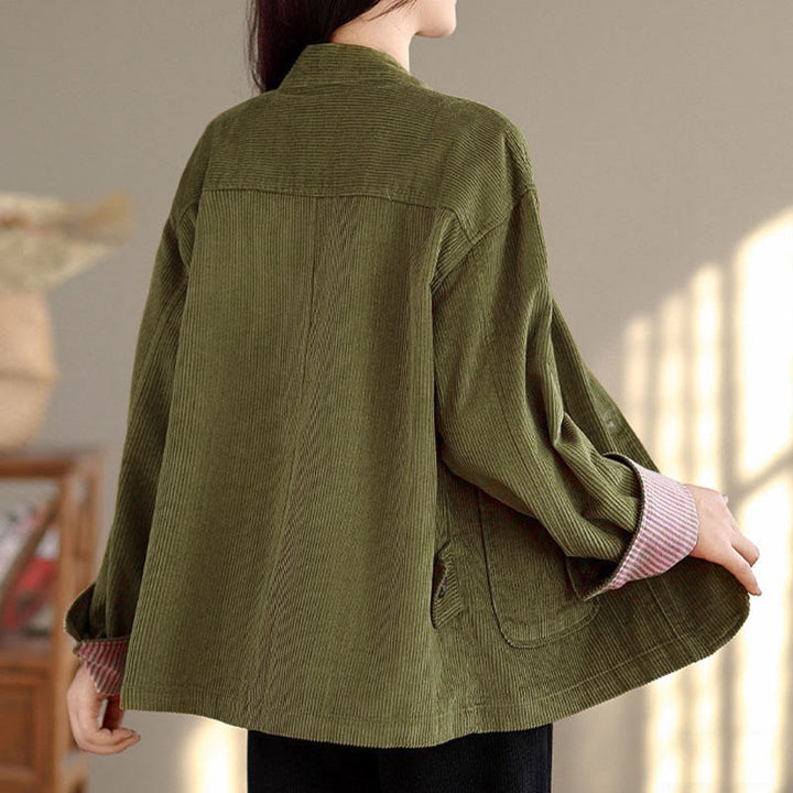 Kurtka damska sztruksowa z długim rękawem i kieszeniami, z motywem Buddha Stones, zapinana na guziki - image 9