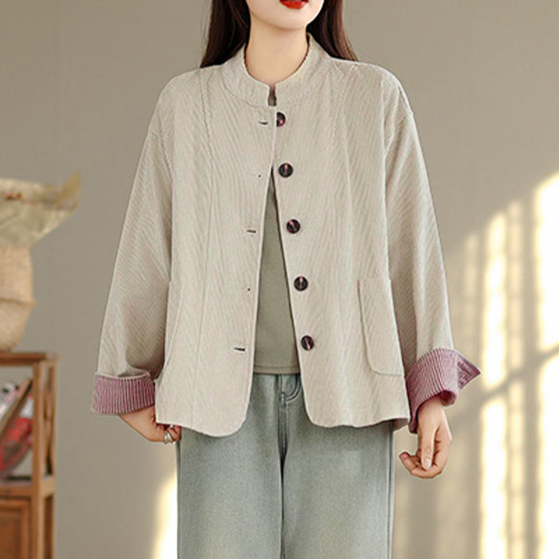 Kurtka damska sztruksowa z długim rękawem i kieszeniami, z motywem Buddha Stones, zapinana na guziki - image 3