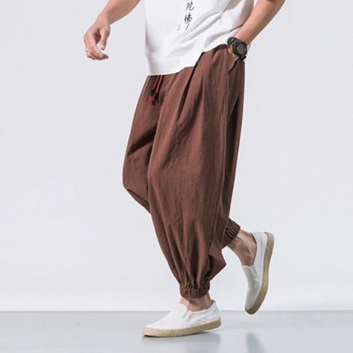 Spodnie sportowe męskie z bawełny w jednolitym kolorze, ściągane sznurkiem i kieszeniami, Buddha Stones Casual Sports - image 34
