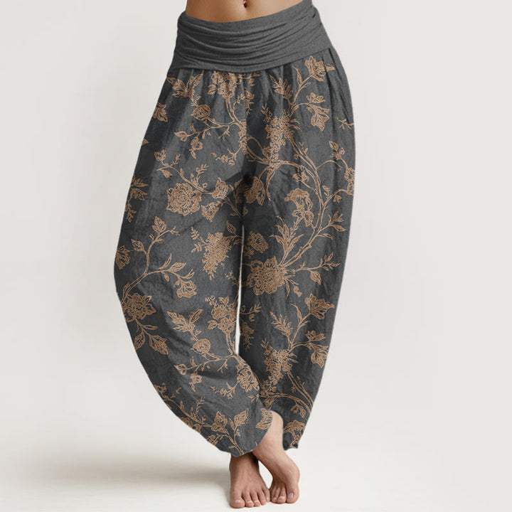 Damskie spodnie haremowe z elastyczną talią i wzorem w kwiaty z motywem Buddha Stones z bawełny - DimGray - US16, UK/AU20, EU48 (3XL) - image 5
