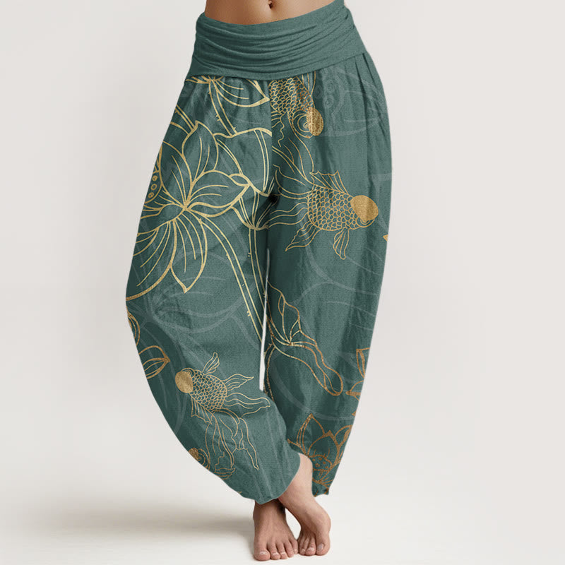 Damskie spodnie haremowe z elastyczną talią i bawełnianym nadrukiem w kształcie Buddha Stones lotosu z motywem ryby Koi - Ciemnocyjanowy - US22, UK/AU26, EU54 (6XL) - image 0
