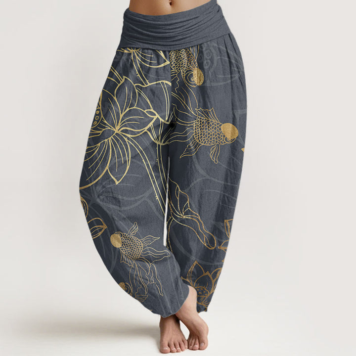 Damskie spodnie haremowe z elastyczną talią i bawełnianym nadrukiem w kształcie Buddha Stones lotosu z motywem ryby Koi - DimGray - US22, UK/AU26, EU54 (6XL) - image 4