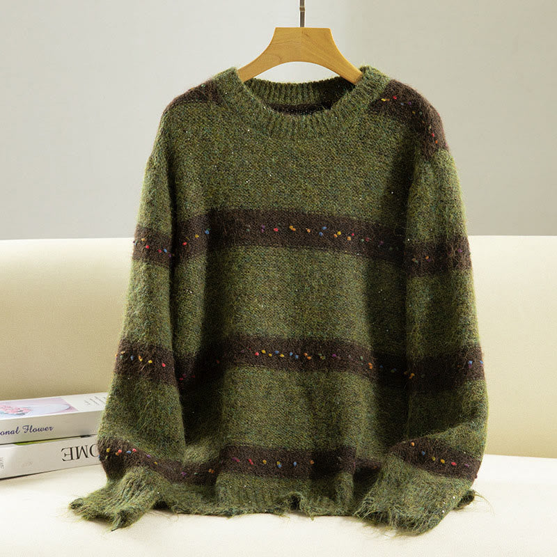 Sweter damski bawełniany z okrągłym dekoltem i długim rękawem w paski z motywem Buddha Stones - Oliwkowy - US4, UK/AU8, EU36 (F) - image 0