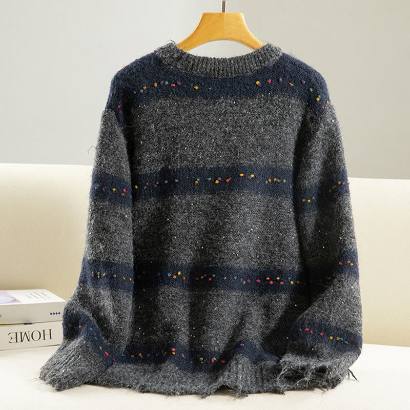 Sweter damski bawełniany z okrągłym dekoltem i długim rękawem w paski z motywem Buddha Stones - image 18