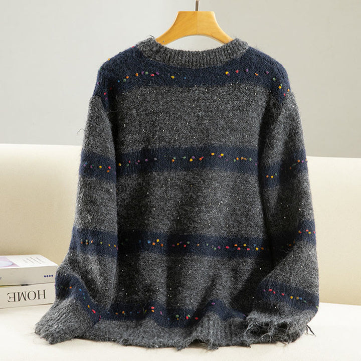 Sweter damski bawełniany z okrągłym dekoltem i długim rękawem w paski z motywem Buddha Stones - image 18