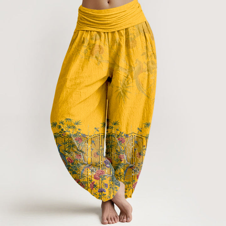 Damskie spodnie haremowe z elastyczną talią i bawełnianym wzorem kwiatów pawia z motywem Buddha Stones - Złoto - US16, UK/AU20, EU48 (3XL) - image 0