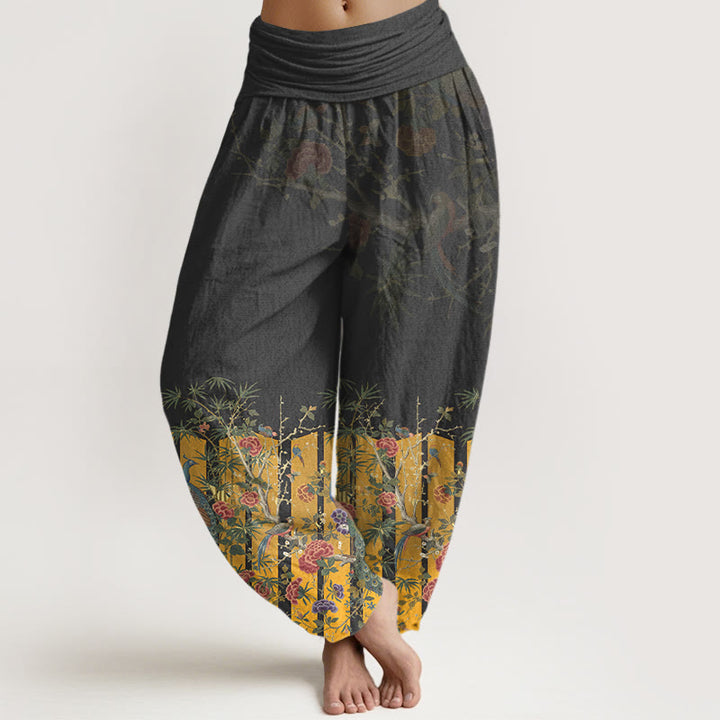 Damskie spodnie haremowe z elastyczną talią i bawełnianym wzorem kwiatów pawia z motywem Buddha Stones - Czarny - US16, UK/AU20, EU48 (3XL) - image 5