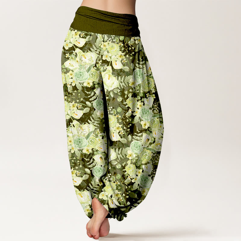 Spodnie haremki damskie z elastycznej talii z bawełny z motywem kwiatów pasterskich i Buddha Stones - image 6