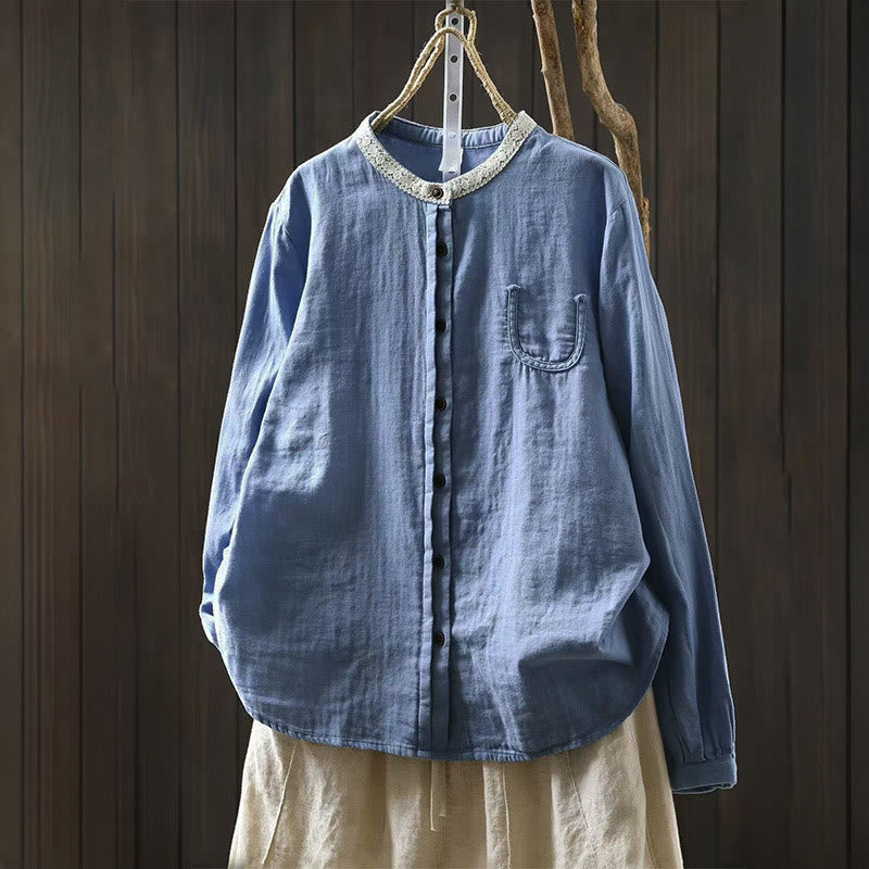 Buddha Stones Koszula damska bawełniana na wiosnę i jesień z koronkowym kołnierzykiem i guzikami, z długim rękawem - LightSkyBlue - US6, UK/AU10, EU38 (L) - image 0