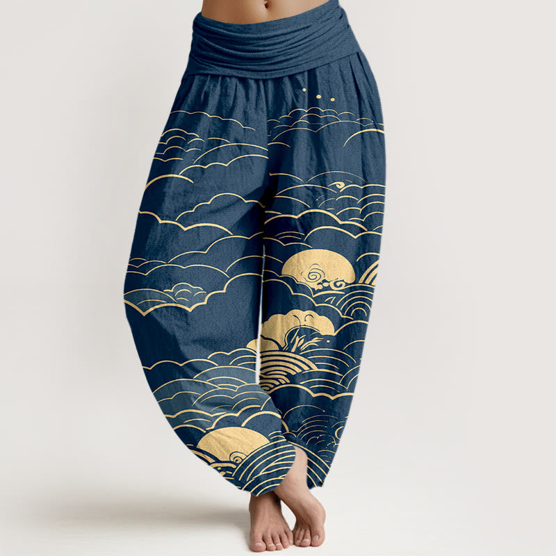 Spodnie haremki damskie z elastyczną talią i bawełnianymi, klasycznymi chmurami i spiralnym wzorem w Buddha Stones - Marynarka wojenna - US16, UK/AU20, EU48 (3XL) - image 0
