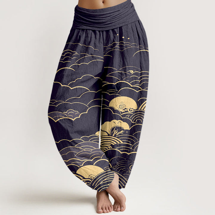 Spodnie haremki damskie z elastyczną talią i bawełnianymi, klasycznymi chmurami i spiralnym wzorem w Buddha Stones - MidnightBlue - US16, UK/AU20, EU48 (3XL) - image 5