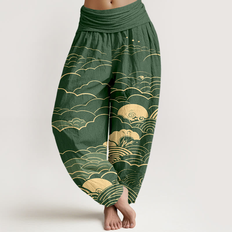 Spodnie haremki damskie z elastyczną talią i bawełnianymi, klasycznymi chmurami i spiralnym wzorem w Buddha Stones - Zielony - US16, UK/AU20, EU48 (3XL) - image 8