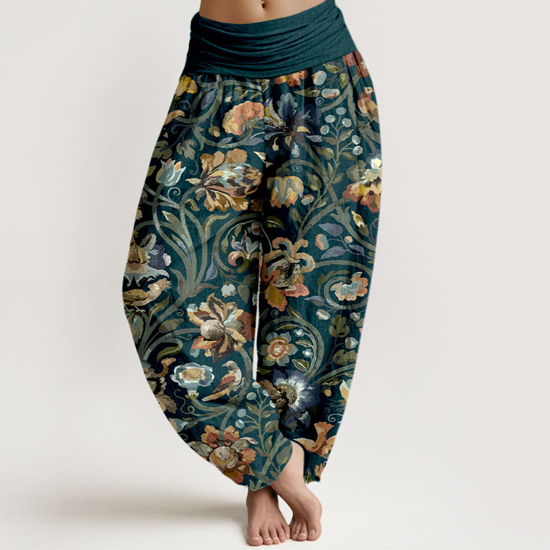 Buddha Stones haremowe z elastyczną talią i bawełnianymi, retro kwiatami i pnączami w kwiaty - Marynarka wojenna - US16, UK/AU20, EU48 (3XL) - image 0