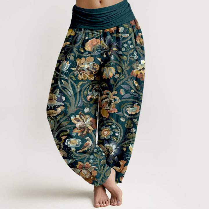 Buddha Stones haremowe z elastyczną talią i bawełnianymi, retro kwiatami i pnączami w kwiaty - Marynarka wojenna - US16, UK/AU20, EU48 (3XL) - image 0
