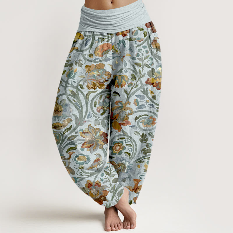 Buddha Stones haremowe z elastyczną talią i bawełnianymi, retro kwiatami i pnączami w kwiaty - Jasnoniebieski - US16, UK/AU20, EU48 (3XL) - image 5